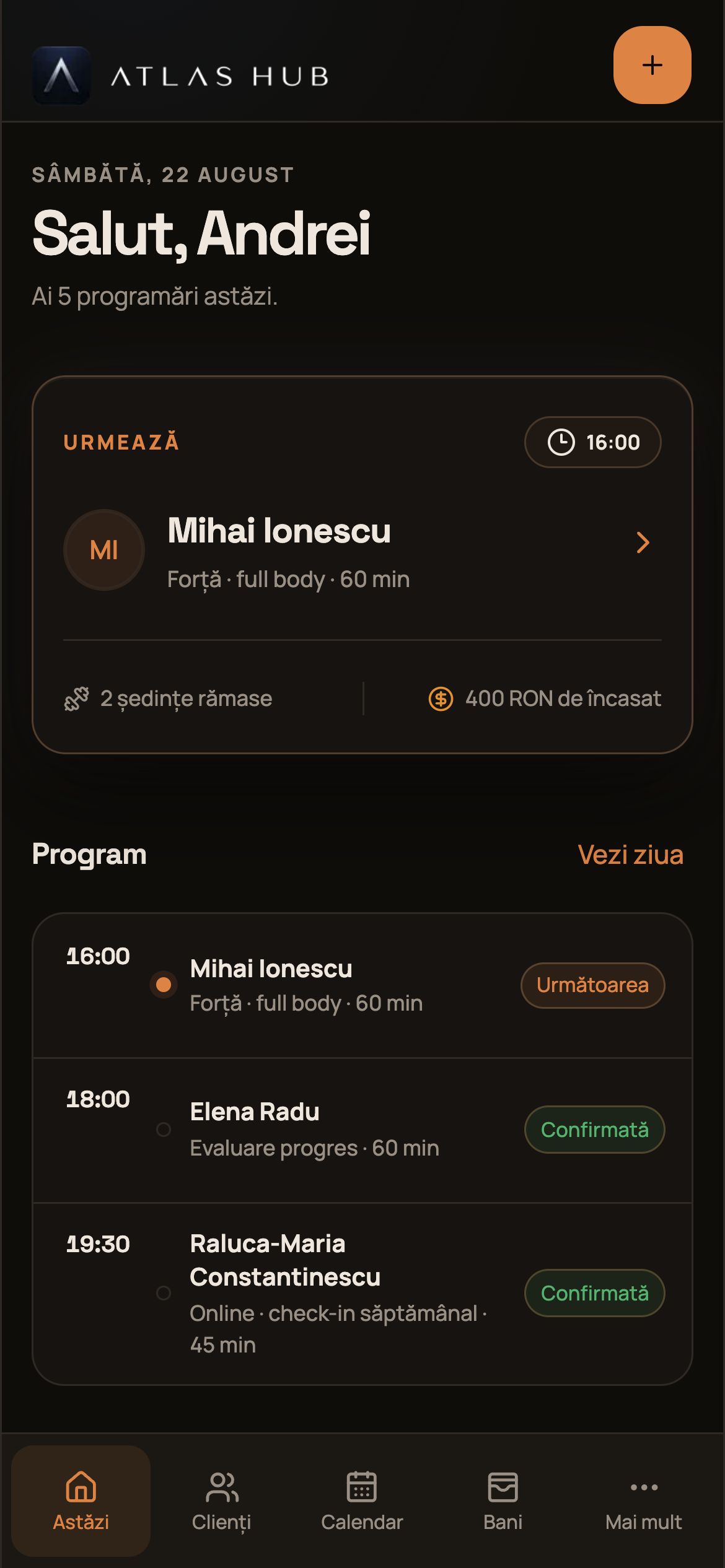 Dashboard-ul inițial Atlas, cu date fictive